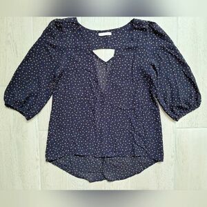 Navy blue, yellow and red 3/4 length sleeved blouse with back cutout - medium